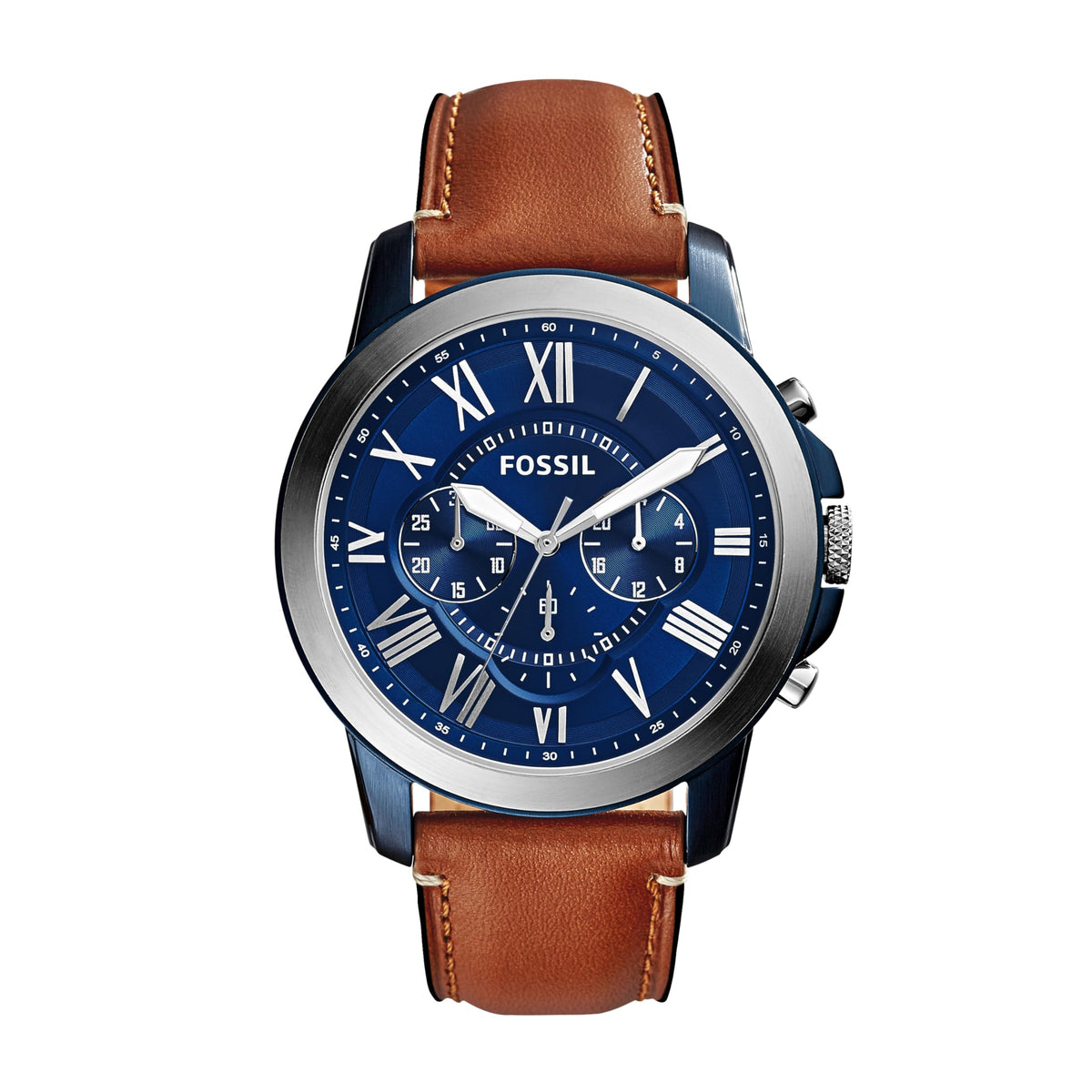 Fossil Leather Mens Quartz Watch Brown / Blue & Silver