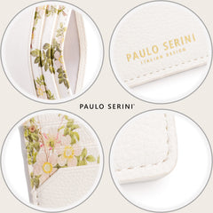 PAULO SERINI® Unisex Card Holder with 6 Card Slots and Compartment for Banknotes and Coins Elegant Credit Card Holder Made of Soft Vegan Leather - Cloud white with flower print