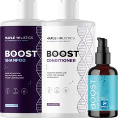 Maple Holistics BOOST Biotin Hair Serum plus Advanced Biotin Shampoo and Conditioner Set - Hair Thickening Serum with Castor and Rosemary plus Volumizing Biotin Shampoo for Men and Women Bundle