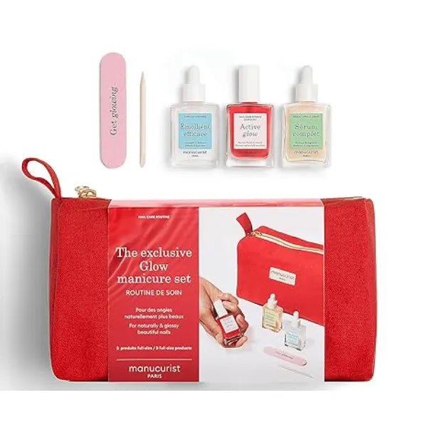 Manucurist Ultimate Glow Manicure Set As Seen on QVC Nail Care Routine in Red Pouch Active Glow Raspberry, Complete Serum, Cuticle Softener, 3 Boxwood Sticks & Mini Nail File Travel Essentials