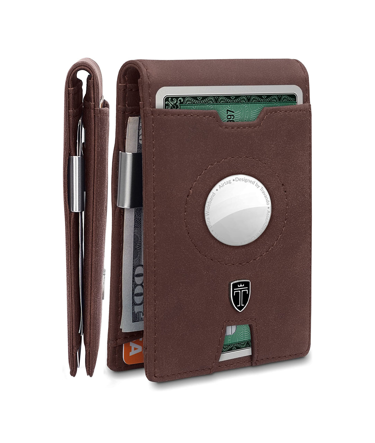 TRAVANDO AirTag* Wallet Mens Wallet with Money Clip Air Tag Wallet Card Holder RFID Blocking Bifold Gifts for Men, Vintage Brown