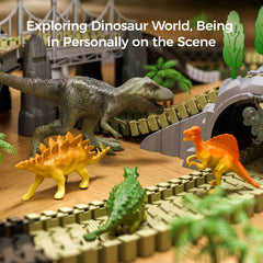 TUMAMA Dinosaur Race Track Toys,Flexible Train Tracks with 4 Dinosaurs Figures,281 Pcs Dinosaur Train 2 Electric Race Cars with Lights - Create A Dinosaur World Road Race for Kids 3 4 5 6+ Years
