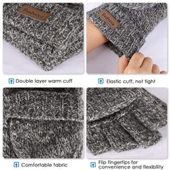 Winter Gloves, Convertible Wool Mittens for Men and Women, Warm Thermal Knit Flip Top Snow Glove for Cold Weather - Light Grey