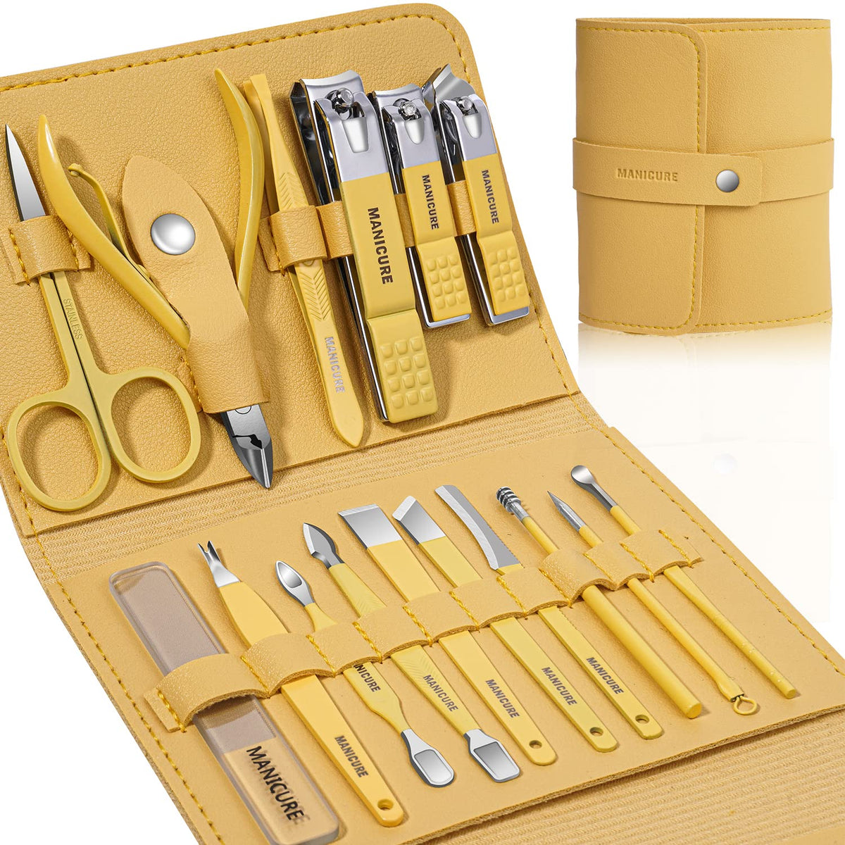 Leipple Manicure Set Professional Nail Clippers Pedicure Kit, 16 pcs Stainless Steel Nail Care Tools Grooming Kit with Luxurious Travel Leather Case for Thick Nails Men Women Gift (Yellow)