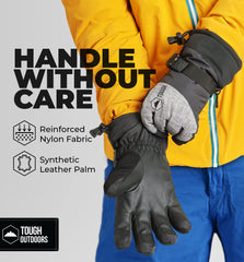 Tough Outdoors Ski & Snow Gloves - Waterproof & Windproof Winter Snowboard Gloves for Men & Women for Cold Weather - With Wrist Leashes, Nylon Shell, Thermal Insulation & Synthetic Leather Palm - Black