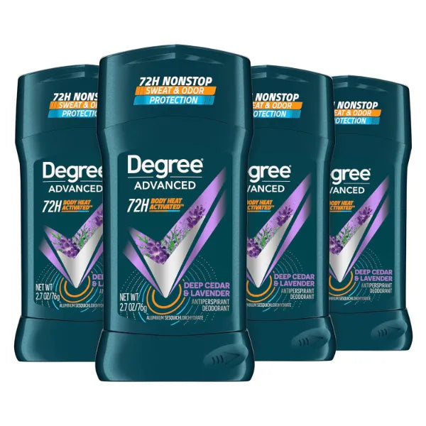 Degree Men Antiperspirant Deodorant Stick Deep Cedar & Lavender, 72-Hour Sweat and Odor Protection Deodorant for Men With Body Heat Activated Technology 2.7 oz (Pack of 4)