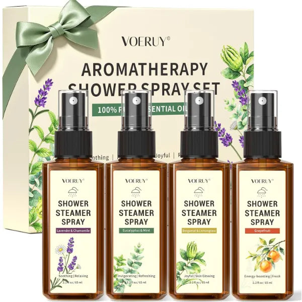 VOERUY Aromatherapy Shower Spray Set, 4 Pack Essential Oil Shower Sprays for Bathroom, Lavender, Eucalyptus, Refreshing Shower Spa Steam Mist Gift Set, 2.2 fl oz Each