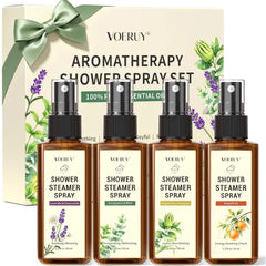 VOERUY Aromatherapy Shower Spray Set, 4 Pack Essential Oil Shower Sprays for Bathroom, Lavender, Eucalyptus, Refreshing Shower Spa Steam Mist Gift Set, 2.2 fl oz Each