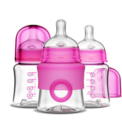 Smilo Baby Bottle Set with Stage 0 Slow Flow Anti Colic Nipple, 5 Oz / 150 ml Capacity, 3X Pack of Anti Colic Baby Bottles 0-3 Months - Pink