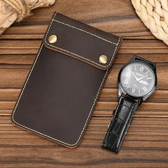 Watch Travel Case, 2pcs Genuine Leather Watch Pouch, Watch Case & Bag For Travelling Portable Travel Watch Cases Watch Durable Travel Pouch Case, Dark Brown