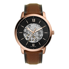 Fossil Men's Neutra Automatic Stainless Steel and Eco Leather Three-Hand Skeleton Watch, Color: Rose Gold, Brown (Model: ME3195)