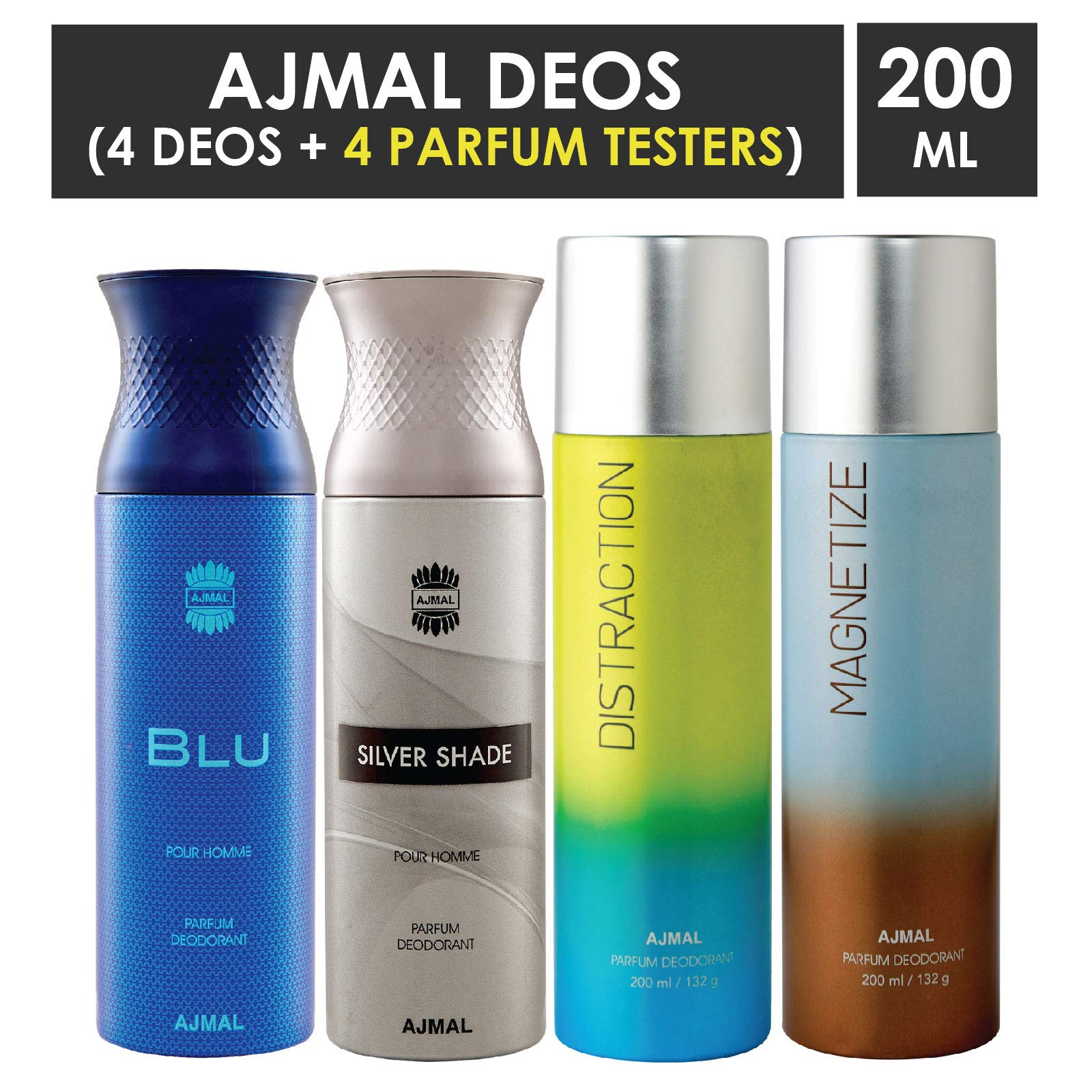 Ajmal 1 Blu Homme for Men, 1 Silver Shade Homme for Men, 1 Distraction and 1 Magnetize for Men & Women Deodorants each 200ML Combo pack of 4 (Total 800ML) + 4 Parfum Testers