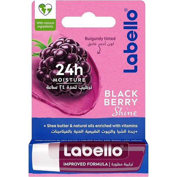 Labello Blackberry Shine Lip Balm, 24H Melt-In Moisture, with Shea Butter and Natural Oils Enriched with Vitamins, with Natural Ingredients, Mineral Oil Free, Vegan, 4.8g