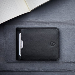 Vaultskin MANHATTAN Slim RFID Blocking Bifold Leather Wallet for Men - Minimalist Front Pocket Card Holder, Holds 9 Cards & Cash, Premium Italian Leather - Black