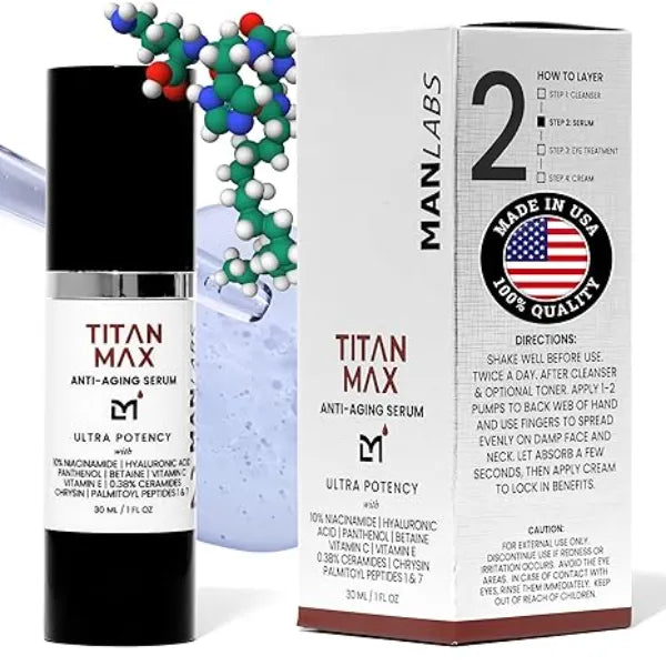 Man Labs Titan MAX Anti Aging Face Serum for Men Ultra Potency Mens Face Moisturizer Men, Dark Spots, Wrinkles, Fine Lines Vitamin C & E, 10% Niacinamide, Hyaluronic Acid Unscented