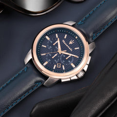 Maserati Successo Men's Watch, Chronograph, Made of Stainless Steel, Rose Gold PVD, Leather - R8871621015