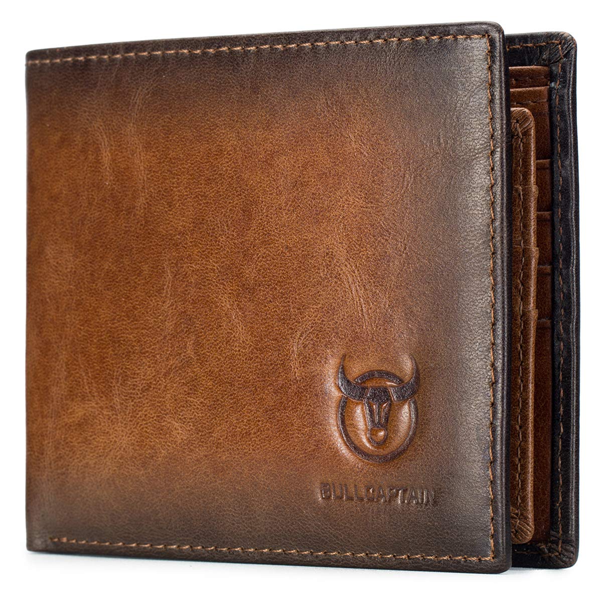 BULL CAPTAIN Wallets for Men with Double Zip Coin Purse Bifold Vintage Genuine Leather Slim Front Pocket Wallet Money Clip QB-6 (Brown)