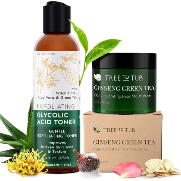Tree To Tub Glycolic Acid Toner, Ginseng Green Tea Face Moisturizer Bundle – Gentle Daily Skincare with Witch Hazel, Hyaluronic Acid & Aloe for Dry, Sensitive, or Uneven-Looking Skin