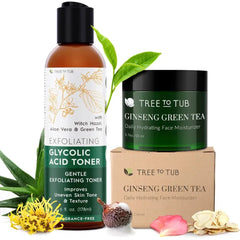 Tree To Tub Glycolic Acid Toner, Ginseng Green Tea Face Moisturizer Bundle – Gentle Daily Skincare with Witch Hazel, Hyaluronic Acid & Aloe for Dry, Sensitive, or Uneven-Looking Skin