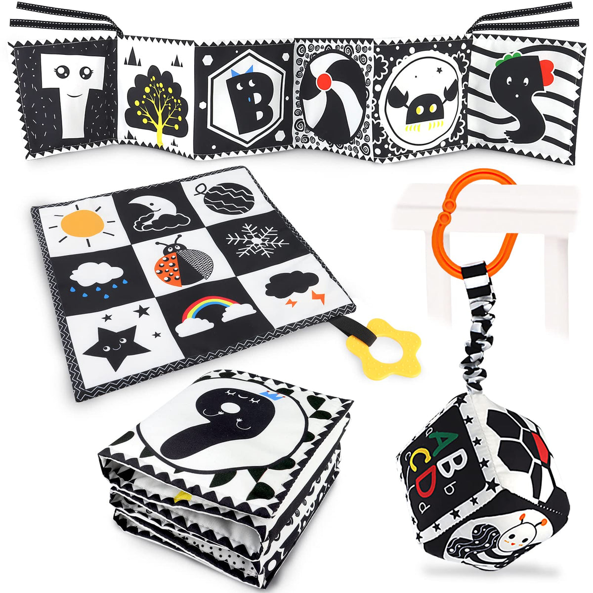KUANGO 3 Pcs Black and White High Contrast Baby Toys, Newborn to 3 Months, Montessori Sensory Soft Book for Early Education, Infant Tummy Time Toys, Baby Gifts