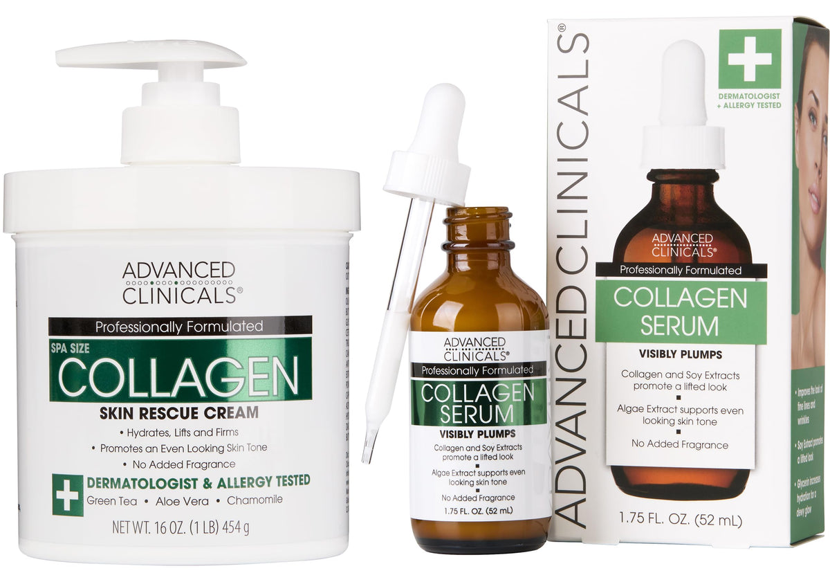 Advanced Clinicals 2-Piece Anti-Aging Skincare Set with Collagen. 16 oz. Collagen Lotion and 1.75 oz. Collagen Serum for Instant Hydration.
