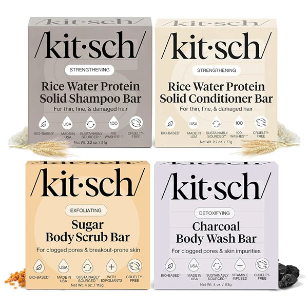 Kitsch 4pc Set – Rice Water Shampoo and Conditioner Set + Charcoal Body Wash Bar & Exfoliating Sugar Body Scrub – Hair & Body Bar Soap - Silicone, Paraben and Sulfate Free Solid Bars
