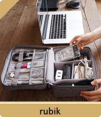 Rubik Electronics Organizer Waterproof Carrying Bag - Travel Gadgets Universal Accessories Storage Case for Charger, Cables, Earphone, Ipad Mini, Phone, SD Card, Power Bank - Grey