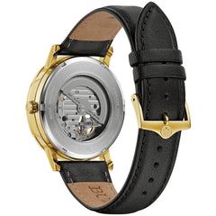 Bulova Men's Classic Dress 3-Hand 21- Jewel Automatic Watch, 42 Hour Reserve, Hack Feature, Sub-Second Hand, Open Aperture Dial, Exhibition Case Back, 42mm - Black Leather/Gold Tone