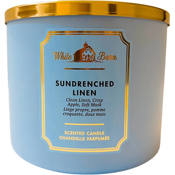 Bath & Body Works White Barn 3-Wick Candle w/Essential Oils - 14.5 oz - New Core Scents! (Sundrenched Linen)