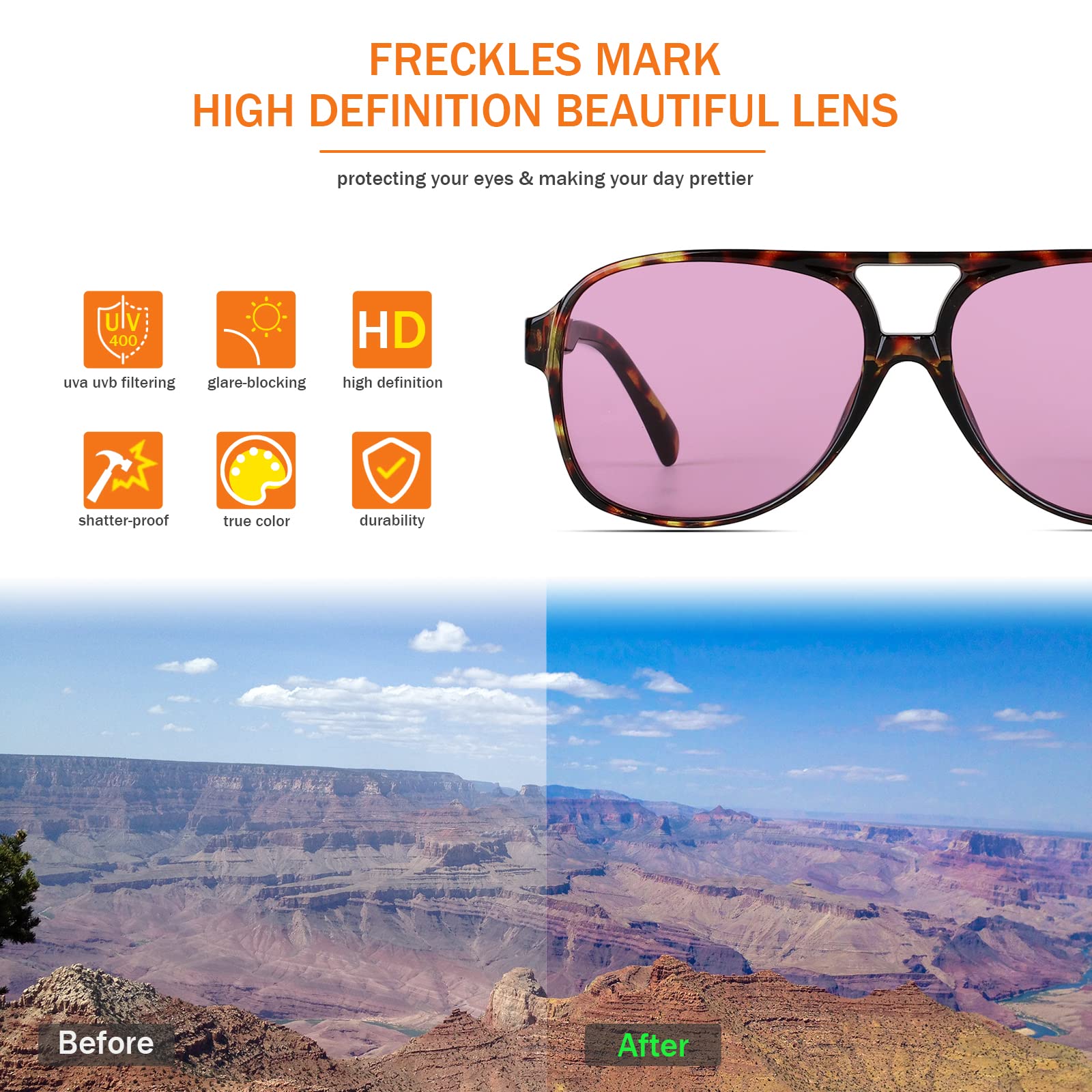 Freckles Mark Vintage Retro 70s Sunglasses for Women Men Classic Large Squared Aviator Frame UV400 Trendy Orange Glasses