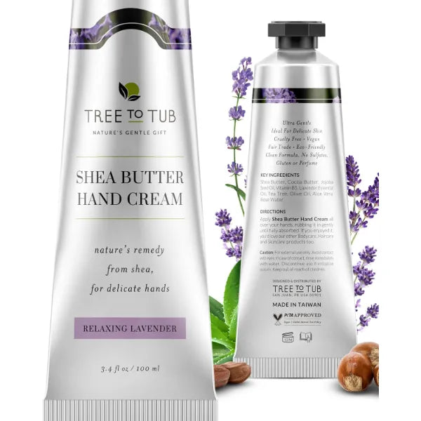 Tree to Tub Shea Butter Hand Cream for Dry Cracked Hands - Moisturizing Sensitive Skin Hand Lotion for Women & Men, Non-Greasy Vegan Hand Moisturizer w/Organic Cocoa, Aloe Vera, All Natural Lavender