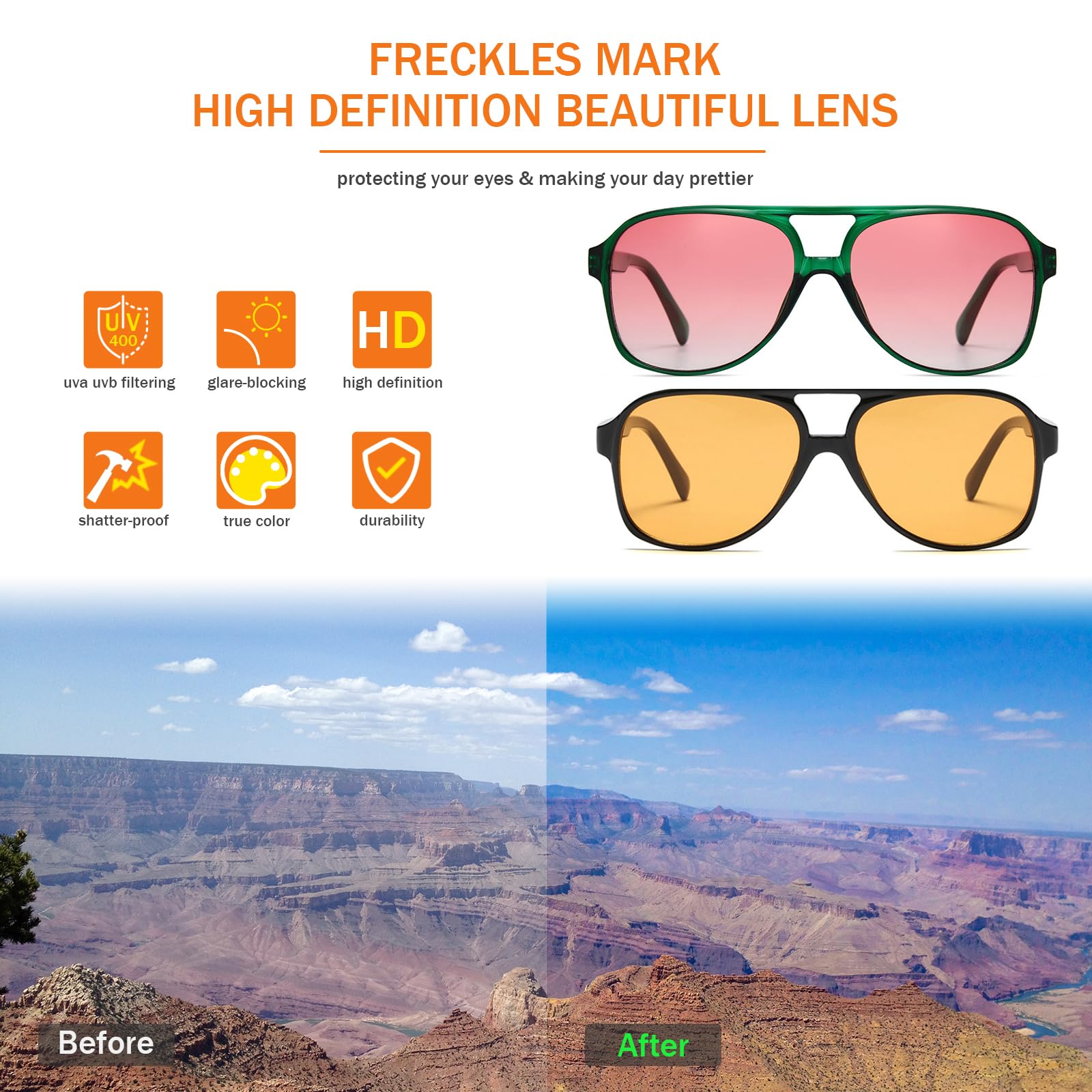 Freckles Mark Vintage Retro 70s Sunglasses for Women Men Classic Large Squared Aviator Frame UV400 Trendy Orange Glasses