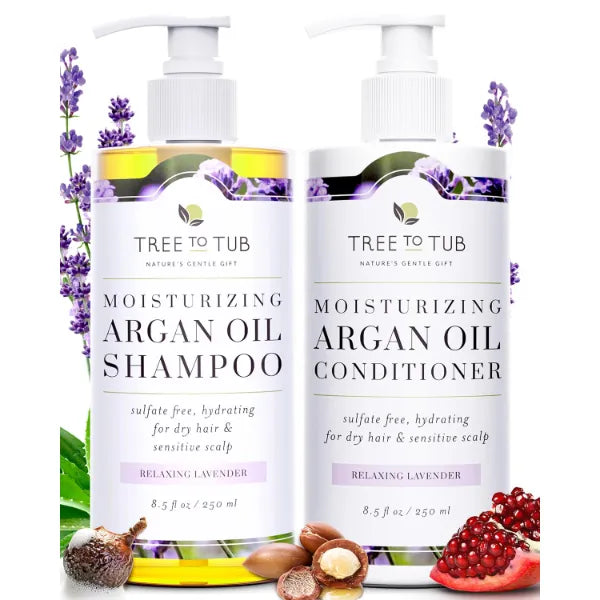Tree to Tub Hydrating Sulfate Free Shampoo and Conditioner Set for Dry Hair, Dry Scalp, Frizz - Moisturizing Argan Oil Shampoo and Conditioner for Women & Men w/Organic Aloe Vera All Natural Lavender