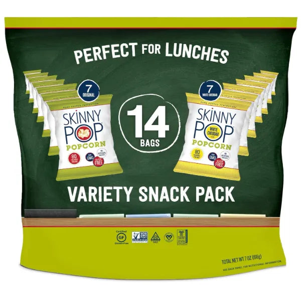 SkinnyPop Popcorn Variety Pack, Original & White Cheddar Flavors, 0.5 oz Individual Snack Bags (Pack of 14) - Healthy Snacks, Gluten Free, Non-GMO, Low Calorie Packets