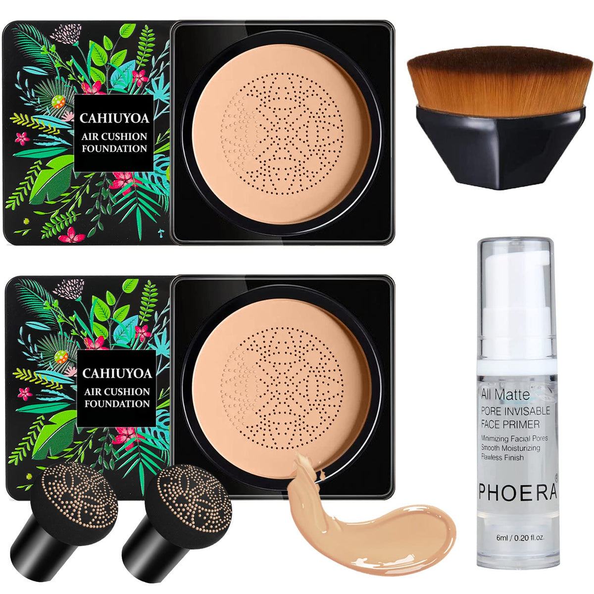 2PCS Mushroom Head Air Cushion CC Cream BB Cream Foundation Full Coverage Foundation 24HR Matte Oil Control Concealer With Makeup Face Primer & Petal-Shaped Cosmetics Brush（Natural）