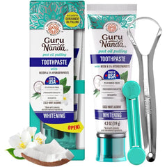 GuruNanda Hydroxyapatite Toothpaste for Whitening with Neem & Xylitol, SLS & Fluoride Free Formula with Tongue Scraper & Squeezer - Freshens Breath, Fights Plaque - Natural CocoMint Jasmine, 4.2oz