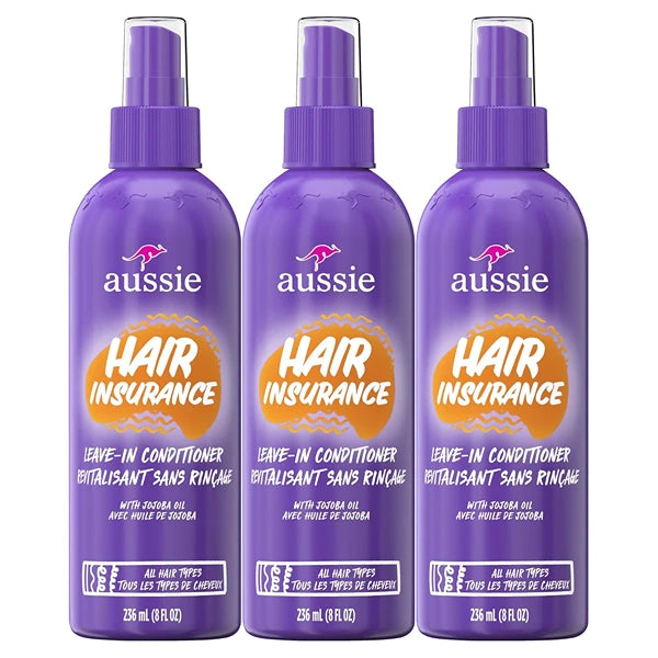 Aussie Hair Insurance Leave-In Conditioner Spray, Frizz Control, Softening with Jojoba & Sea Kelp, Moisturizing Treatment for All Hair Types, Juicy Citrus, 8 Fl Oz Each, Triple Pack
