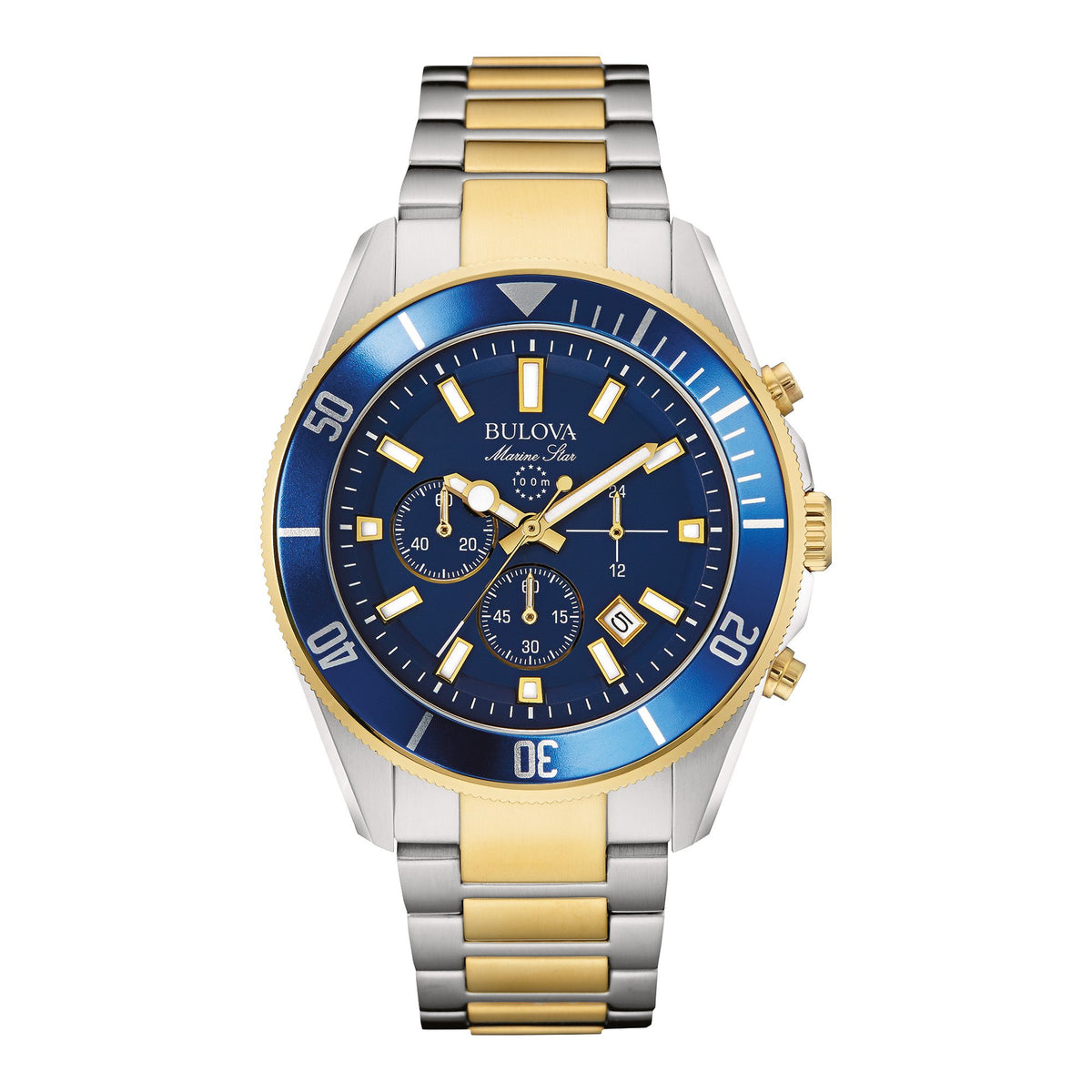 Bulova Men's Marine Star Chronograph Quartz Watch, Luminous Markers, Rotating Dial, 100M Water Resistant, 43mm - Two Tone / Blue
