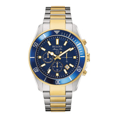 Bulova Men's Marine Star Chronograph Quartz Watch, Luminous Markers, Rotating Dial, 100M Water Resistant, 43mm - Two Tone / Blue