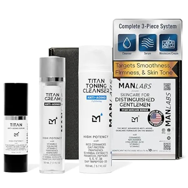 Man Labs Titan Anti Aging Mens Skin Care Kit Cleanser, Face Serum, Mens Face Moisturizer Men, Skin Care Set Dark Spots, Wrinkles, Fine Lines Vitamin C, Niacinamide, Ceramides, HA Unscented