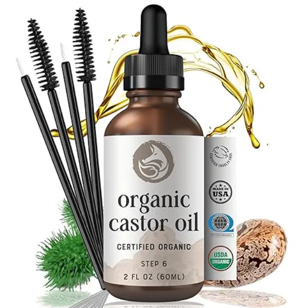 Foxbrim Naturals Pure Virgin Castor Oil 2oz Glass Bottle with Wand & Brush Kit Cold Pressed USDA Organic Hair Growth Oil Lash Serum for Eyebrows, Skin, Face, Nails Hexane Free