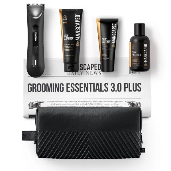 MANSCAPED Grooming Essentials 3.0 Plus Routine with The Lawn Mower 3.0 Plus Men's Groin Hair Trimmer, Crop Preserver Ball Deodorant, Crop Cleanser, Crop Soother Aftershave, Shed 2.0 Toiletry Bag