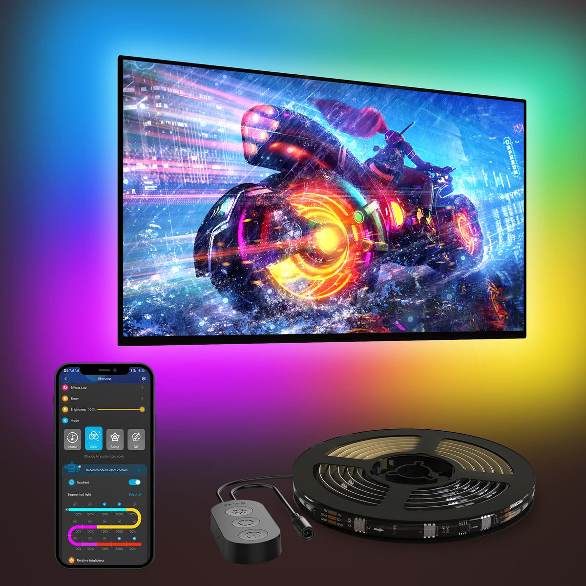 Govee TV LED Backlight, RGBIC Smart LED Strip Lights for 55-65 Inch TVs, Bluetooth and Wi-Fi APP Control, Works with Alexa & Google Assistant, Music Sync, 99+ Scene Modes, Adapter