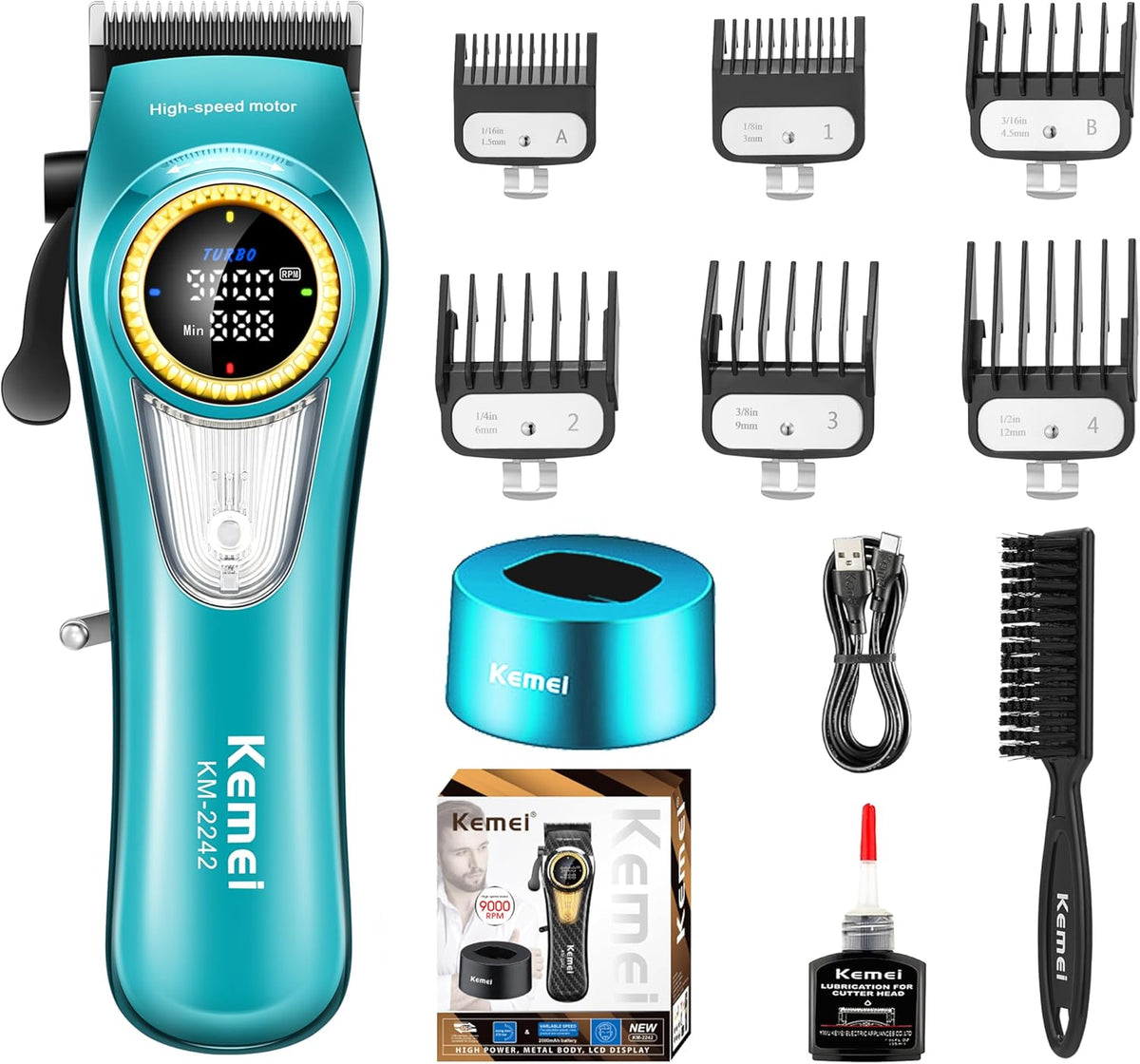 KEMEI 2242 Professional Hair Clippers for Men, Cordless Barber Clipper with LED Display & Charging Base, Hair Cutting Tools, 9000 RPM Super Torque Motor