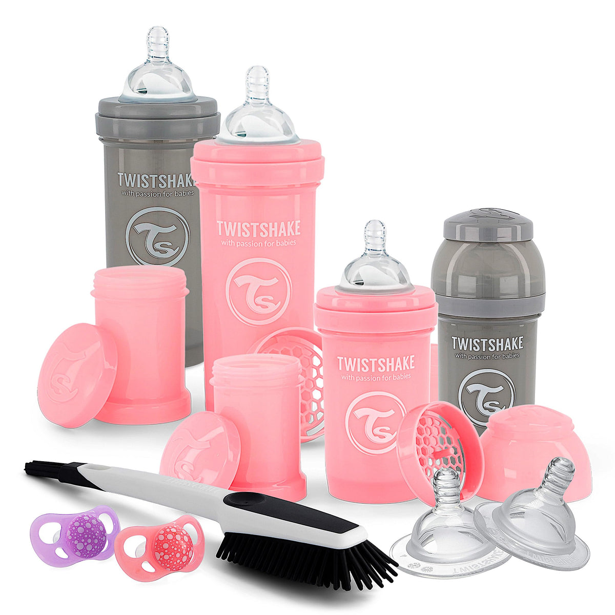 Twistshake Newborn Anti-Colic Baby Bottle Set with Milk Powder Container and Mixer - 9 Pieces | 4 x Milk Bottles - 2 x Dummies - 2 x Teats - 1 x Bottle Brush | BPA-Free | 0m+ | Pink Grey