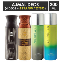 Ajmal 1 Carbon Homme for Men, 1 Wisal Dhahab for Men, 1 Nightingale and 1 Distraction for Men & Women Deodorants each 200ML Combo pack of 4 (Total 800ML) + 4 Parfum Testers