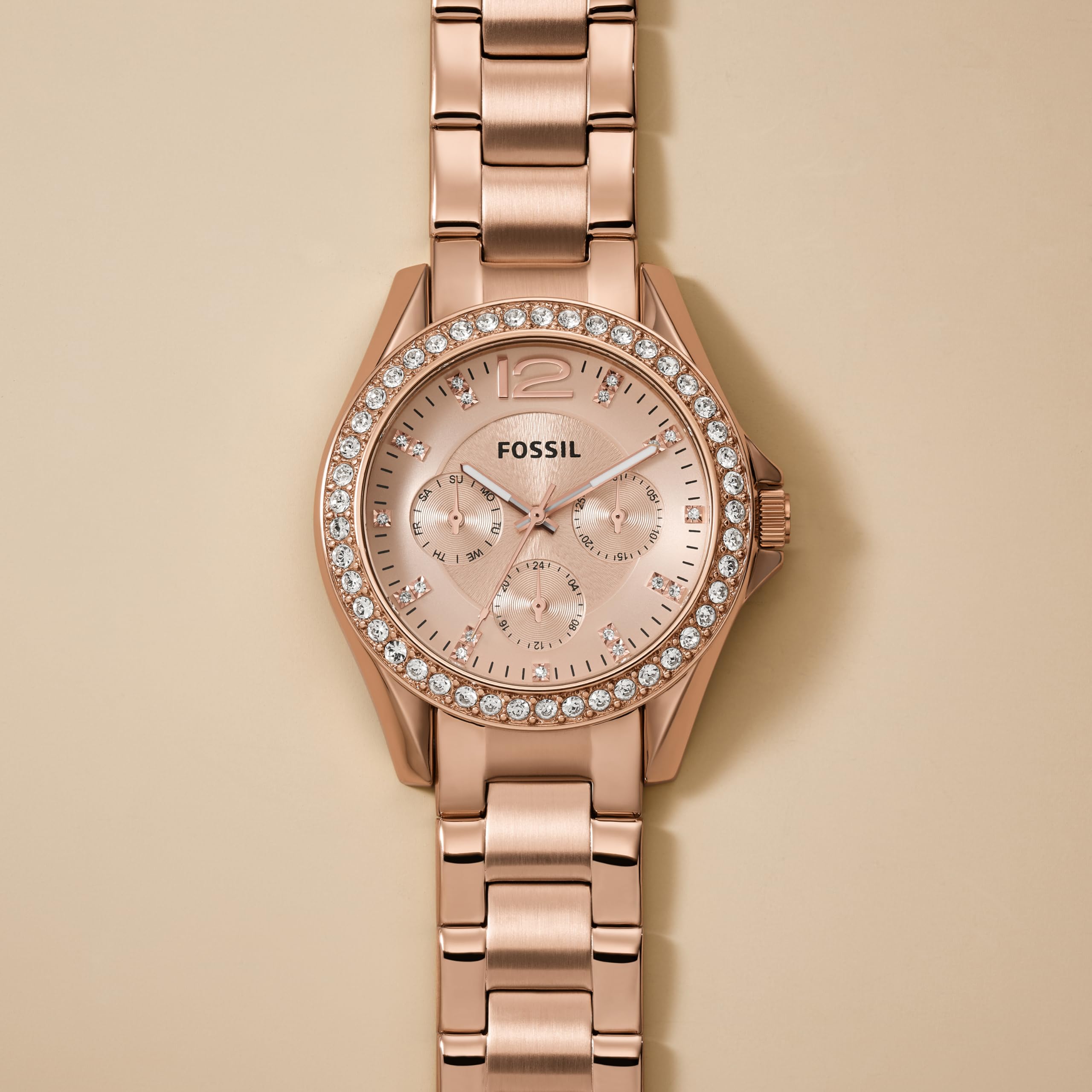 Fossil Women's Riley Stainless Steel Crystal-Accented Multifunction Quartz Watch, Riley Multifunction - ES2811 Rose Gold