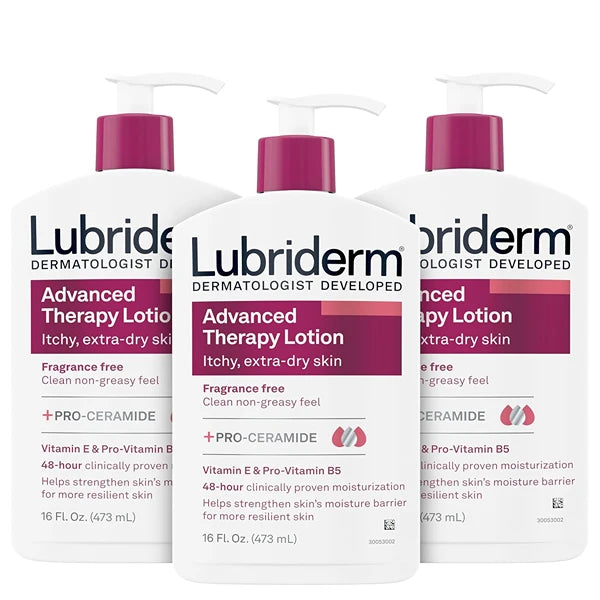 Lubriderm Advanced Therapy Fragrance-Free Moisturizing Lotion with Vitamins E and Pro-Vitamin B5, Intense Hydration for Extra Dry Skin, Non-Greasy Formula, Pack of Three, 3 x 16 fl. oz
