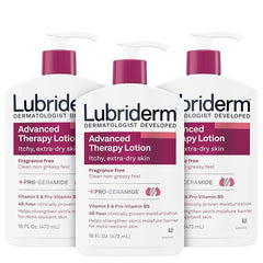 Lubriderm Advanced Therapy Fragrance-Free Moisturizing Lotion with Vitamins E and Pro-Vitamin B5, Intense Hydration for Extra Dry Skin, Non-Greasy Formula, Pack of Three, 3 x 16 fl. oz