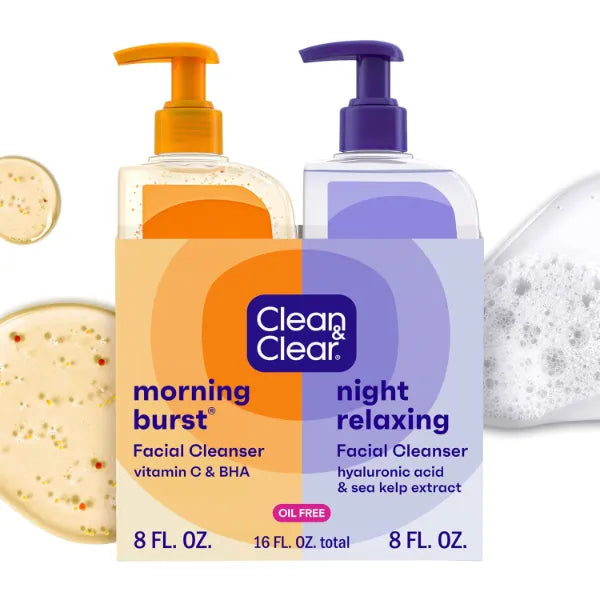 Clean & Clear 2 Pack Oil Free Facial Cleansers with Citrus Scent, Morning Burst and Night Relaxing